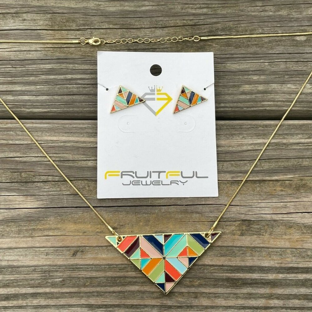 Fruitful Necklaces Gold Tone Geometric Triangle Earring enamel paint Jewelry Set - Picture 6 of 12